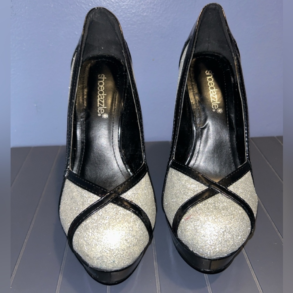 Shoe Dazzle Glittering Black and Silver Heels